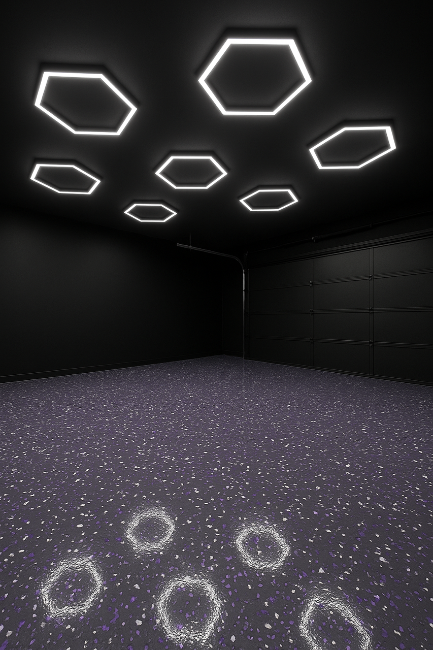 Modern garage with purple flake epoxy floor and custom lighting